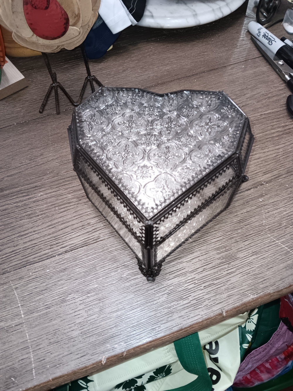 Decorative Heart Glass Jewelry Box - Clear and Black Metal